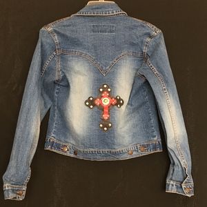 Angfu Denim Jean Jacket w/Cross on back. Small